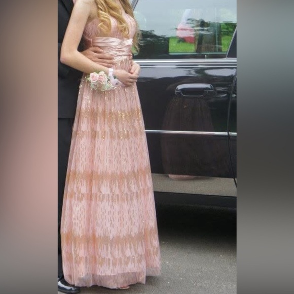 Hailey Logan by Adrianna Papell Pink & Gold Formal Prom Maxi Dress Juniors 3/4 - Picture 1 of 8